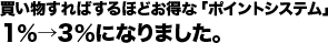 買い物すればするほどお得な「ポイントシステム」１％→３％になりました。